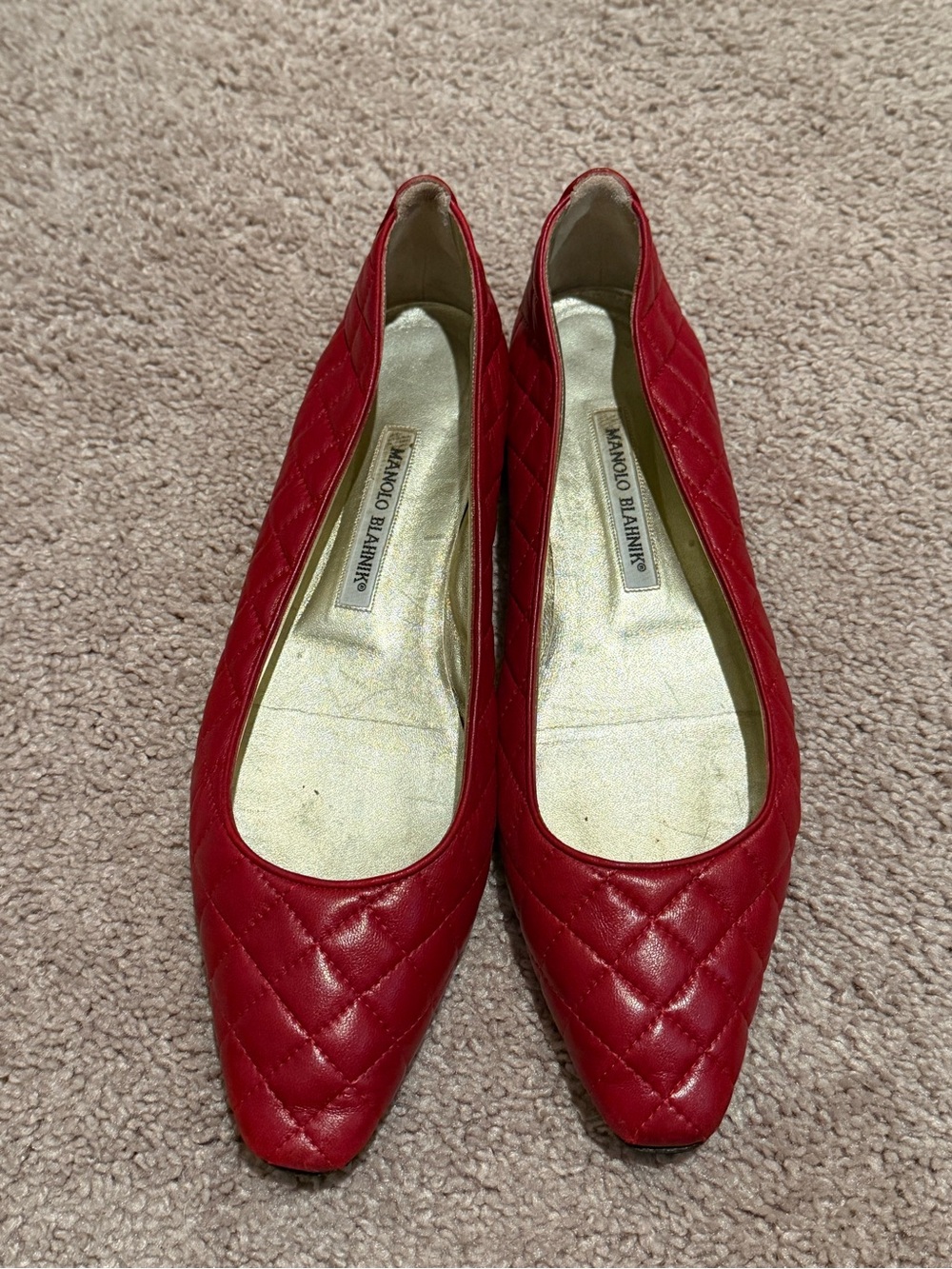 Manolo Blahnik Quilted Red Leather Pointed Ballet Flats